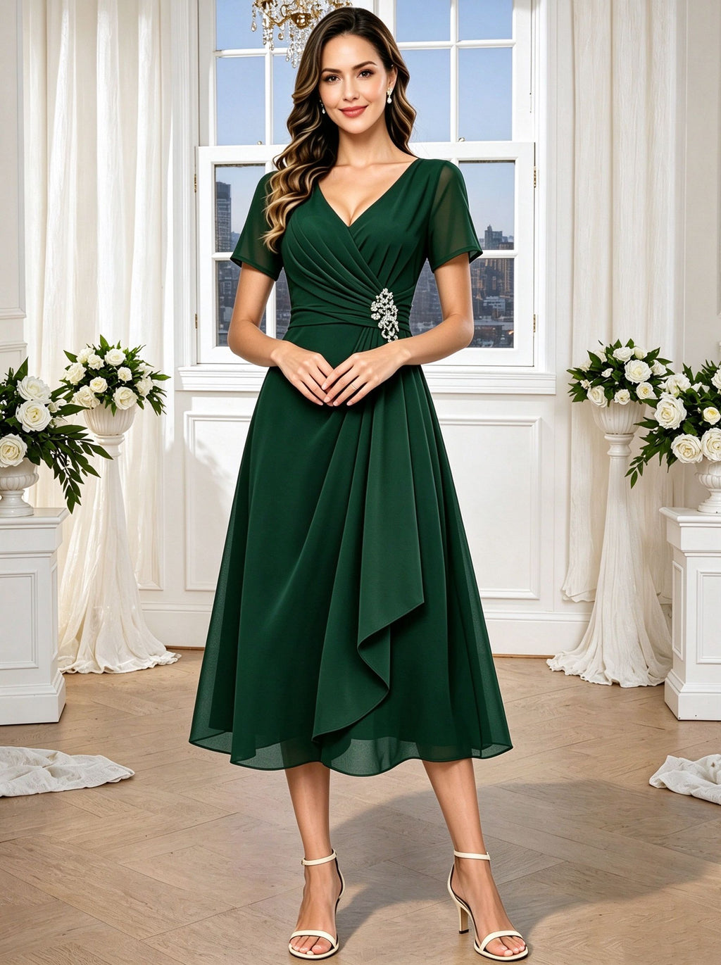 Short Sleeves Mother of The Bride Dresses Tea Length V Neck Ruffled Wedding Guest Dress