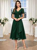 Short Sleeves Mother of The Bride Dresses Tea Length V Neck Ruffled Wedding Guest Dress
