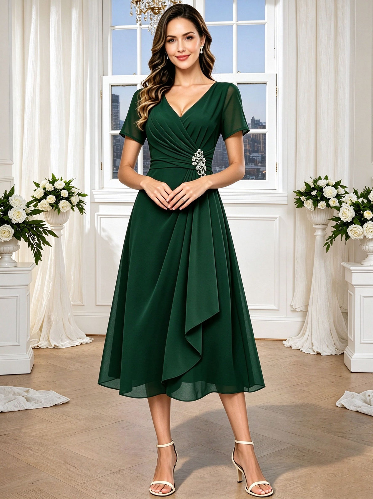 Short Sleeves Mother of The Bride Dresses Tea Length V Neck Ruffled Wedding Guest Dress