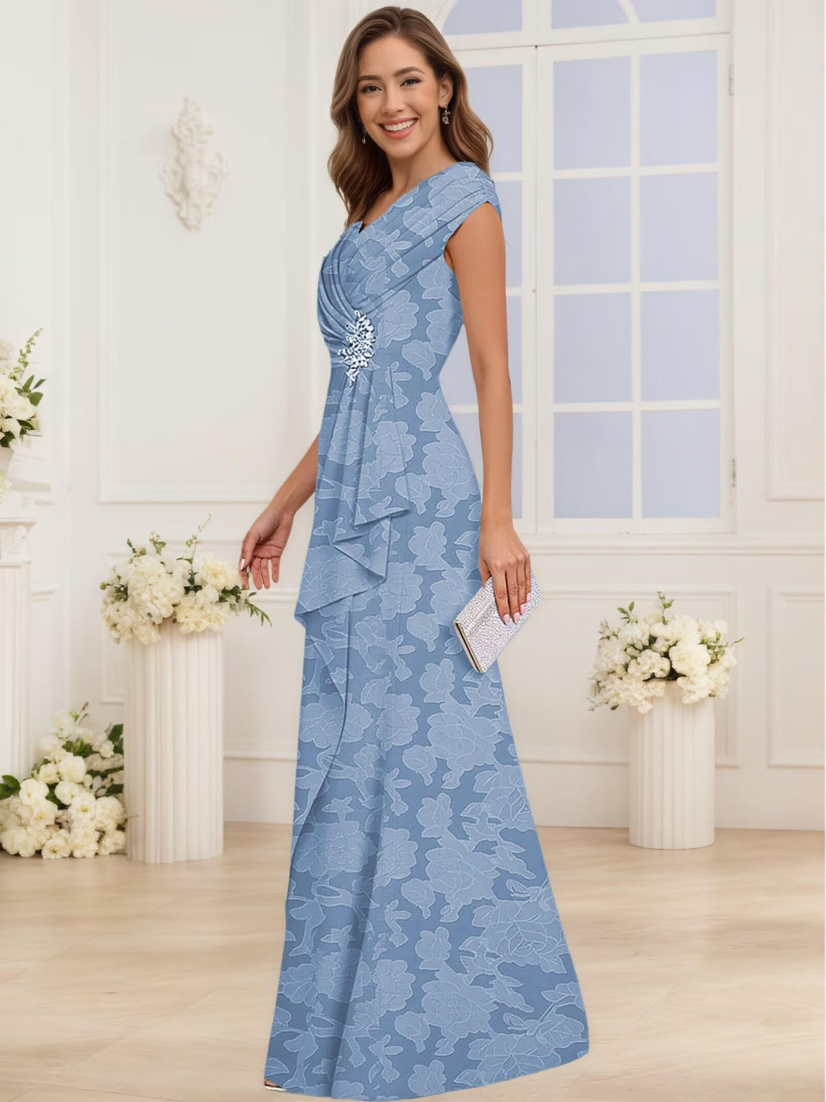 Floral Lace Mother Of the Bride Dresses Cap Sleeves Mermaid Ruched Wedding Guest Dress