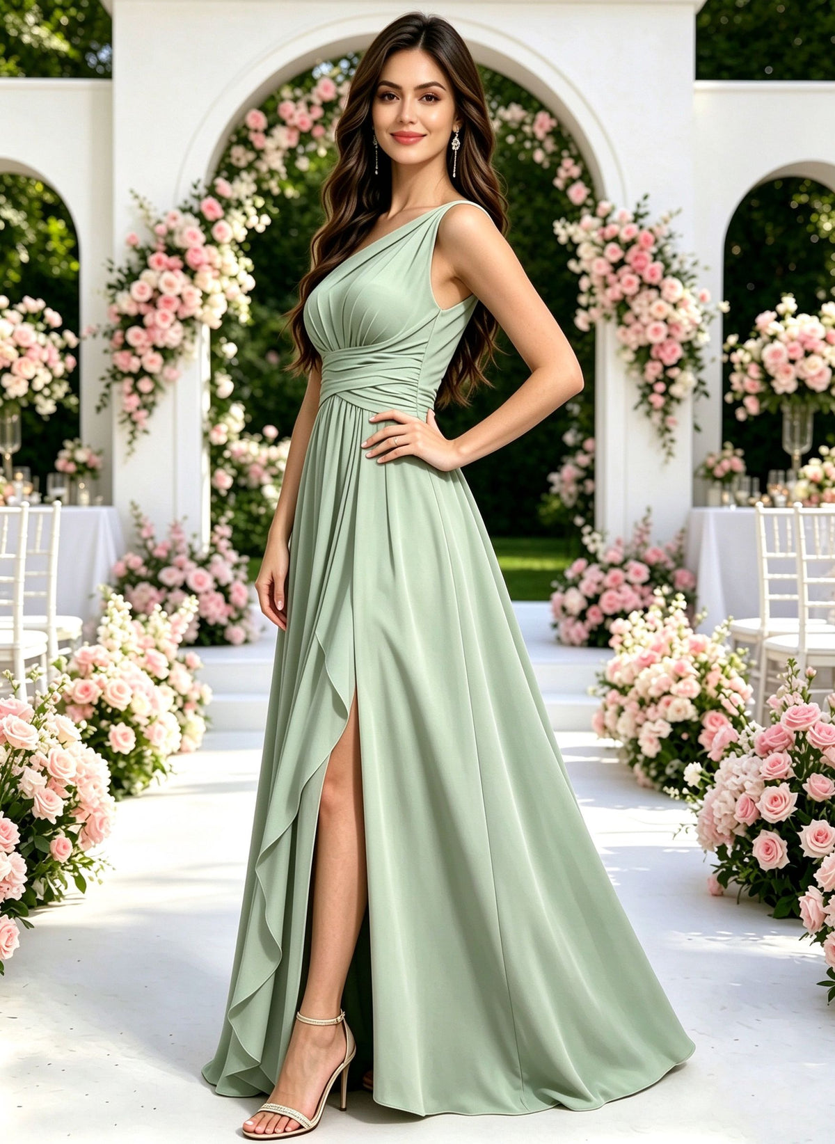 One Shoulder Bridesmaid Dresses with Slit Ruched Chiffon Ruched Formal Dress