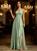 Chiffon Bridesmaid Dresses for Women with Slit V Neck Long Evening Gowns Ruffles Pleated Wedding Guest Dress