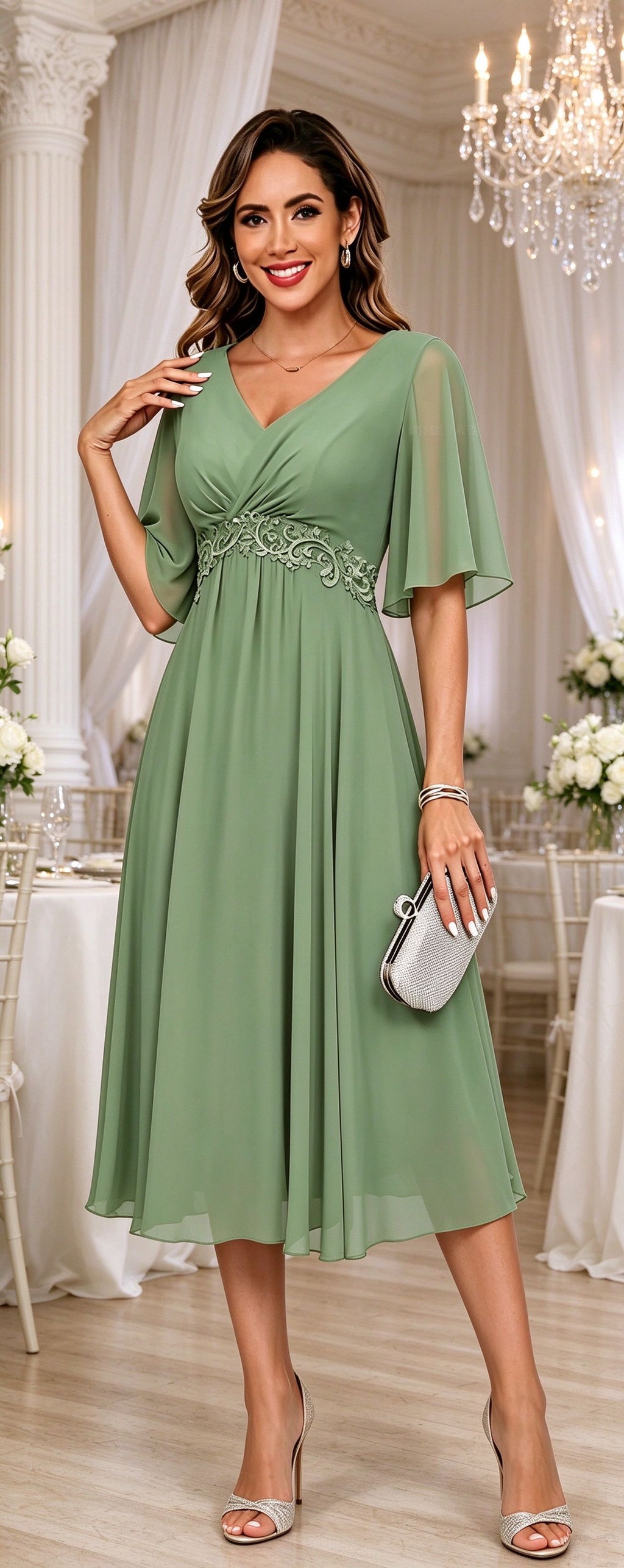 Short Sleeves Mother of The Bride Dresses Tea Length Empire Waist Midi Formal Evening Gown