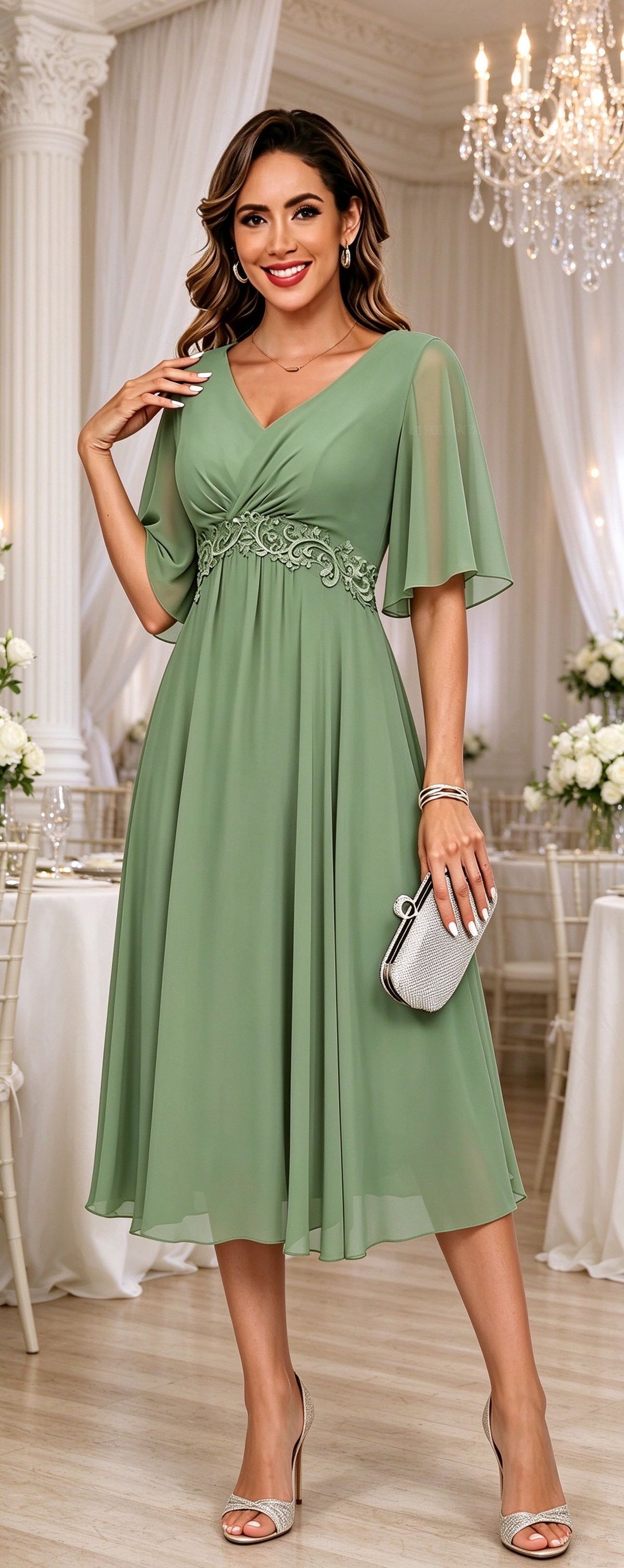 Short Sleeves Mother of The Bride Dresses Tea Length Empire Waist Midi Formal Evening Gown