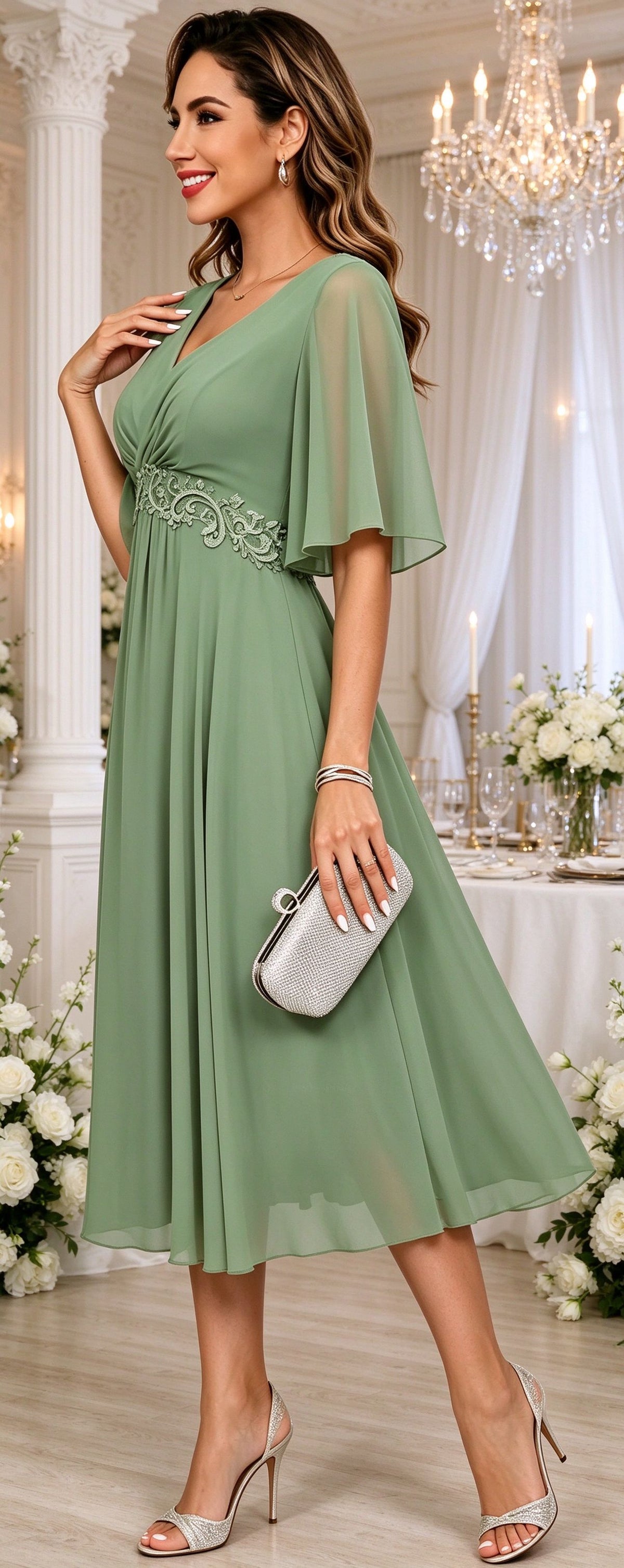 Short Sleeves Mother of The Bride Dresses Tea Length Empire Waist Midi Formal Evening Gown