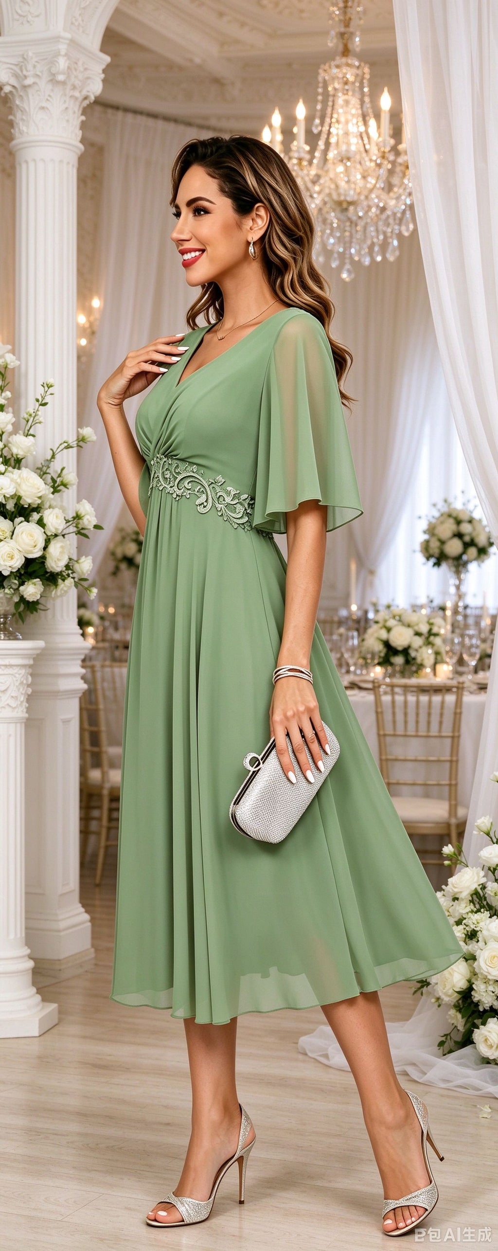 Short Sleeves Mother of The Bride Dresses Tea Length Empire Waist Midi Formal Evening Gown