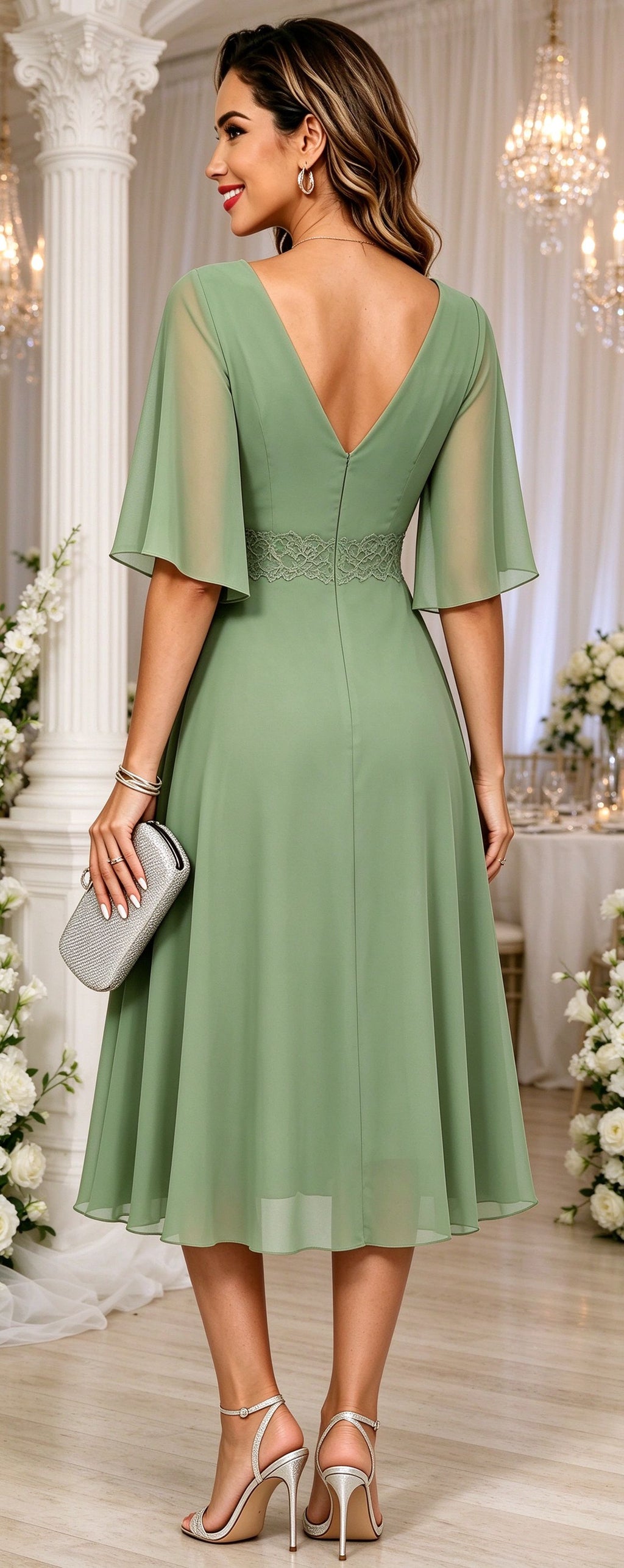 Short Sleeves Mother of The Bride Dresses Tea Length Empire Waist Midi Formal Evening Gown