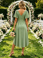 Short Sleeves Bridesmaid Dresses with Slit Ruffles Chiffon Prom Dress