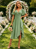 Short Sleeves Bridesmaid Dresses with Slit Ruffles Chiffon Prom Dress