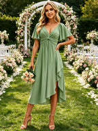 Short Sleeves Bridesmaid Dresses with Slit Ruffles Chiffon Prom Dress