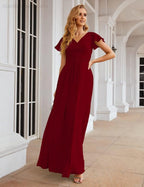 Numbersea Chiffon Bridesmaid Dress Cap Sleeves Maxi Prom Gowns Party Wedding Mother of The Bride Dresses for Women SEA28047