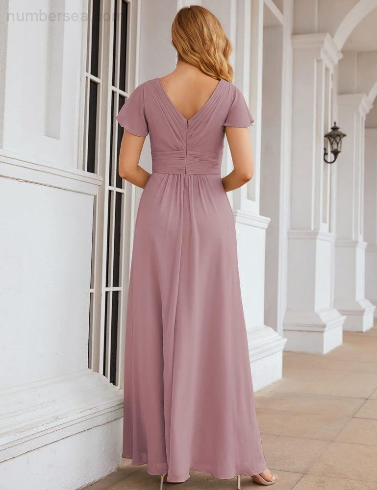 Numbersea Chiffon Bridesmaid Dress Cap Sleeves Maxi Prom Gowns Party Wedding Mother of The Bride Dresses for Women SEA28047