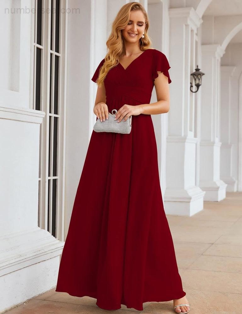 Numbersea Chiffon Bridesmaid Dress Cap Sleeves Maxi Prom Gowns Party Wedding Mother of The Bride Dresses for Women SEA28047