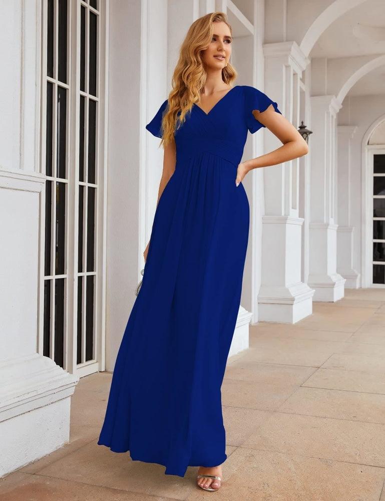 Numbersea Chiffon Bridesmaid Dress Cap Sleeves Maxi Prom Gowns Party Wedding Mother of The Bride Dresses for Women SEA28047