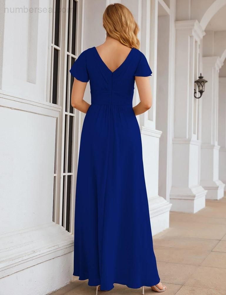 Numbersea Chiffon Bridesmaid Dress Cap Sleeves Maxi Prom Gowns Party Wedding Mother of The Bride Dresses for Women SEA28047