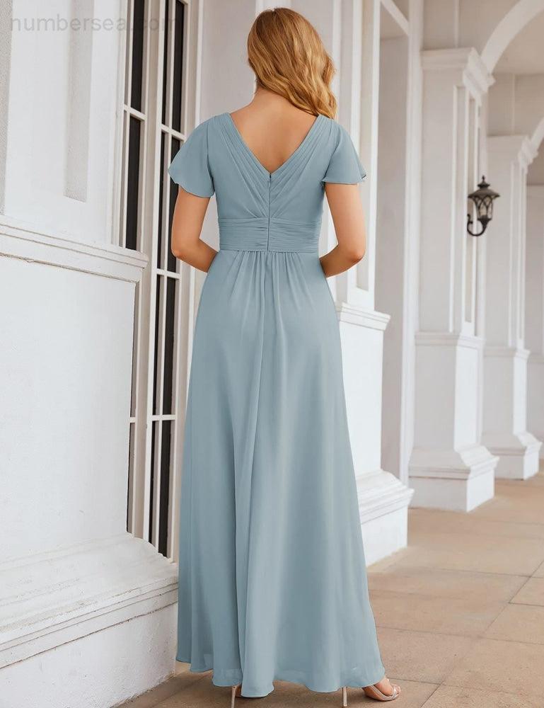 Numbersea Chiffon Bridesmaid Dress Cap Sleeves Maxi Prom Gowns Party Wedding Mother of The Bride Dresses for Women SEA28047