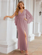 Numbersea Chiffon Bridesmaid Dresses with Split for Women Wedding Long Party Prom Gown Flutter Sleeve SEA28045
