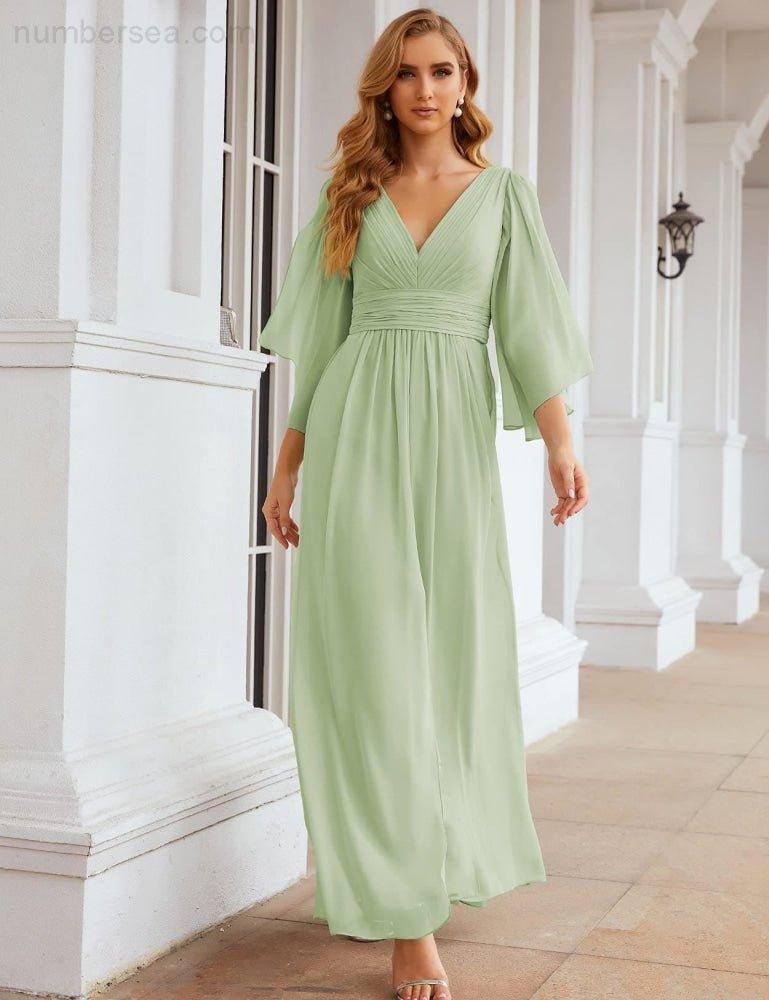 Numbersea Chiffon Bridesmaid Dresses with Split for Women Wedding Long Party Prom Gown Flutter Sleeve SEA28045