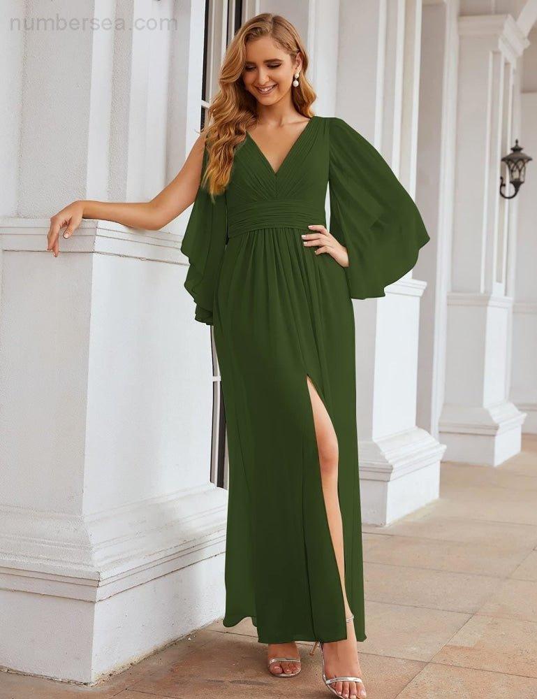 Numbersea Chiffon Bridesmaid Dresses with Split for Women Wedding Long Party Prom Gown Flutter Sleeve SEA28045