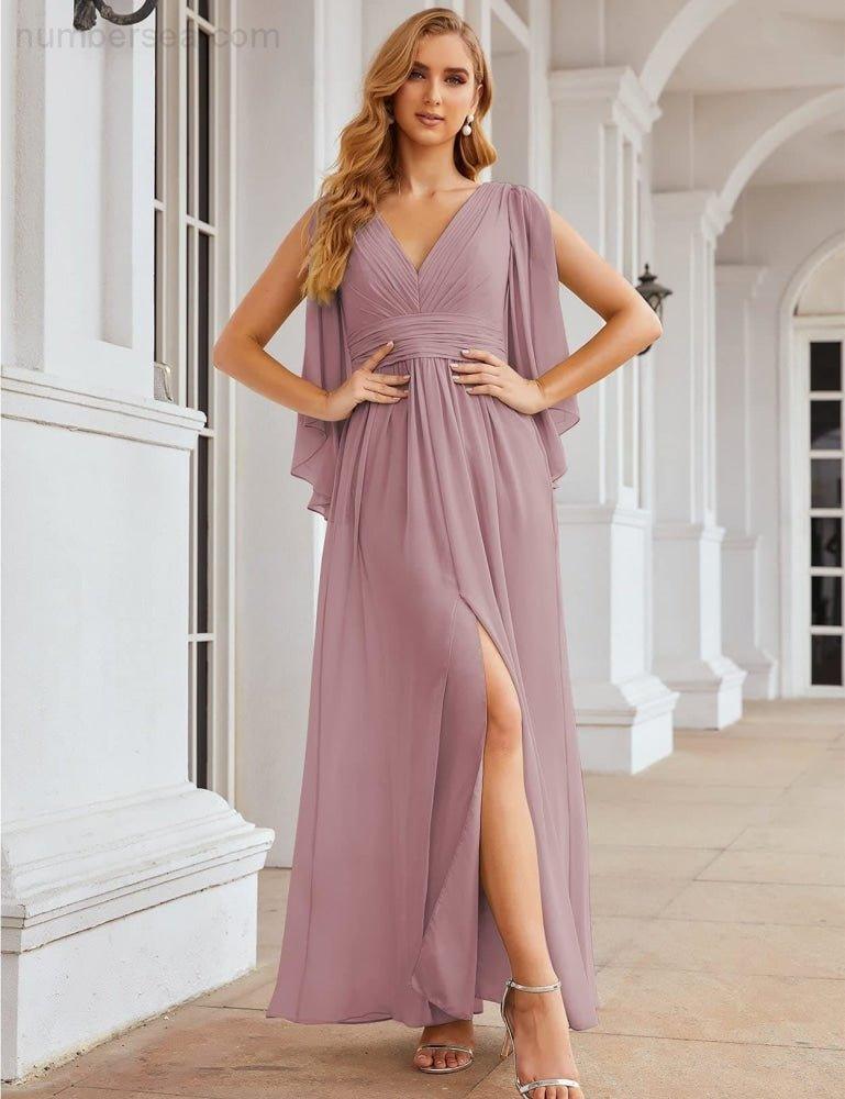 Numbersea Chiffon Bridesmaid Dresses with Split for Women Wedding Long Party Prom Gown Flutter Sleeve SEA28045