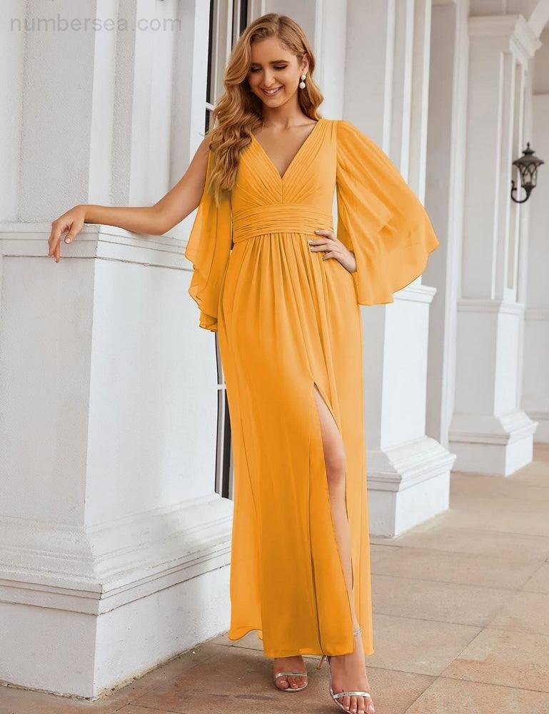 Numbersea Chiffon Bridesmaid Dresses with Split for Women Wedding Long Party Prom Gown Flutter Sleeve SEA28045