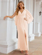 Numbersea Chiffon Bridesmaid Dresses with Split for Women Wedding Long Party Prom Gown Flutter Sleeve SEA28045