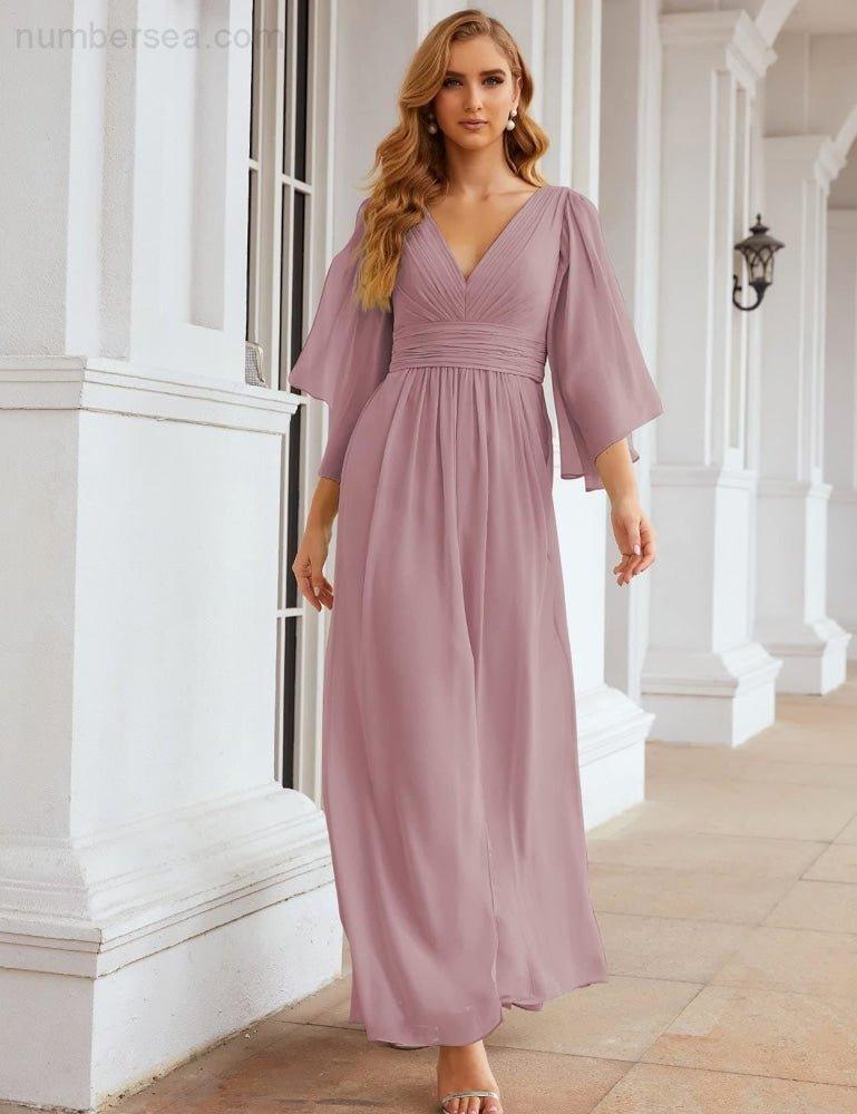 Numbersea Chiffon Bridesmaid Dresses with Split for Women Wedding Long Party Prom Gown Flutter Sleeve SEA28045