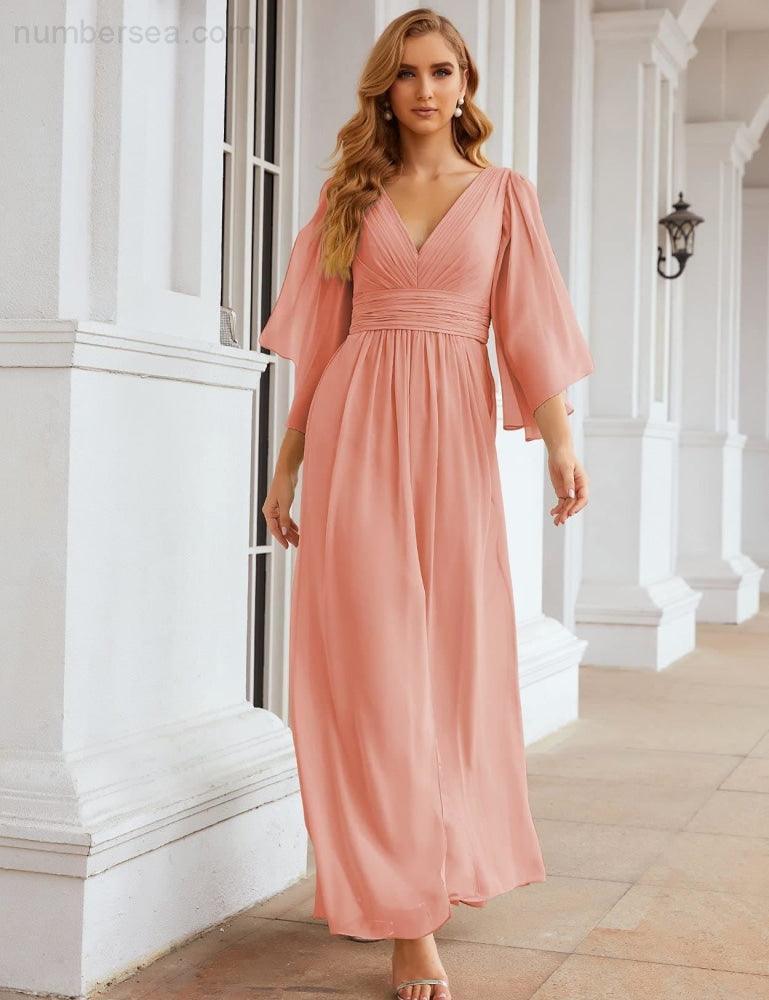 Numbersea Chiffon Bridesmaid Dresses with Split for Women Wedding Long Party Prom Gown Flutter Sleeve SEA28045