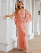 Numbersea Chiffon Bridesmaid Dresses with Split for Women Wedding Long Party Prom Gown Flutter Sleeve SEA28045