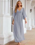 Numbersea Chiffon Bridesmaid Dresses with Split for Women Wedding Long Party Prom Gown Flutter Sleeve SEA28045