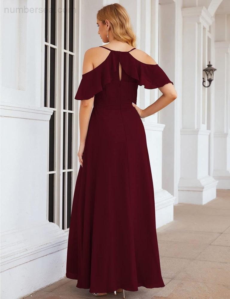 Numbersea Chiffon Cold Shoulder Long Bridesmaid Dresses Plus Size Formal Prom Gowns for Women Party Wedding  SEA28070