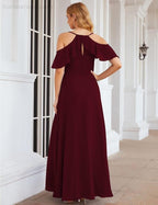Numbersea Chiffon Cold Shoulder Long Bridesmaid Dresses Plus Size Formal Prom Gowns for Women Party Wedding  SEA28070