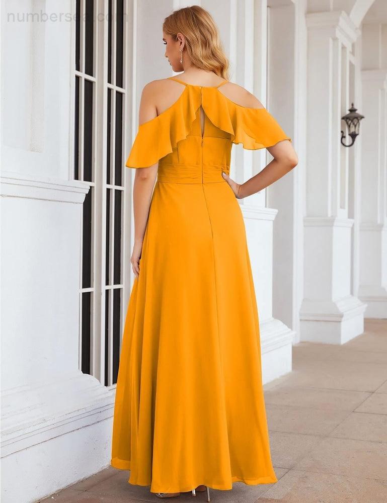 Numbersea Chiffon Cold Shoulder Long Bridesmaid Dresses Plus Size Formal Prom Gowns for Women Party Wedding  SEA28070