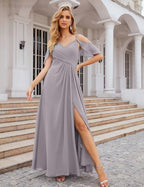Numbersea Chiffon Cold Shoulder Long Bridesmaid Dresses Plus Size Formal Prom Gowns for Women Party Wedding  SEA28070