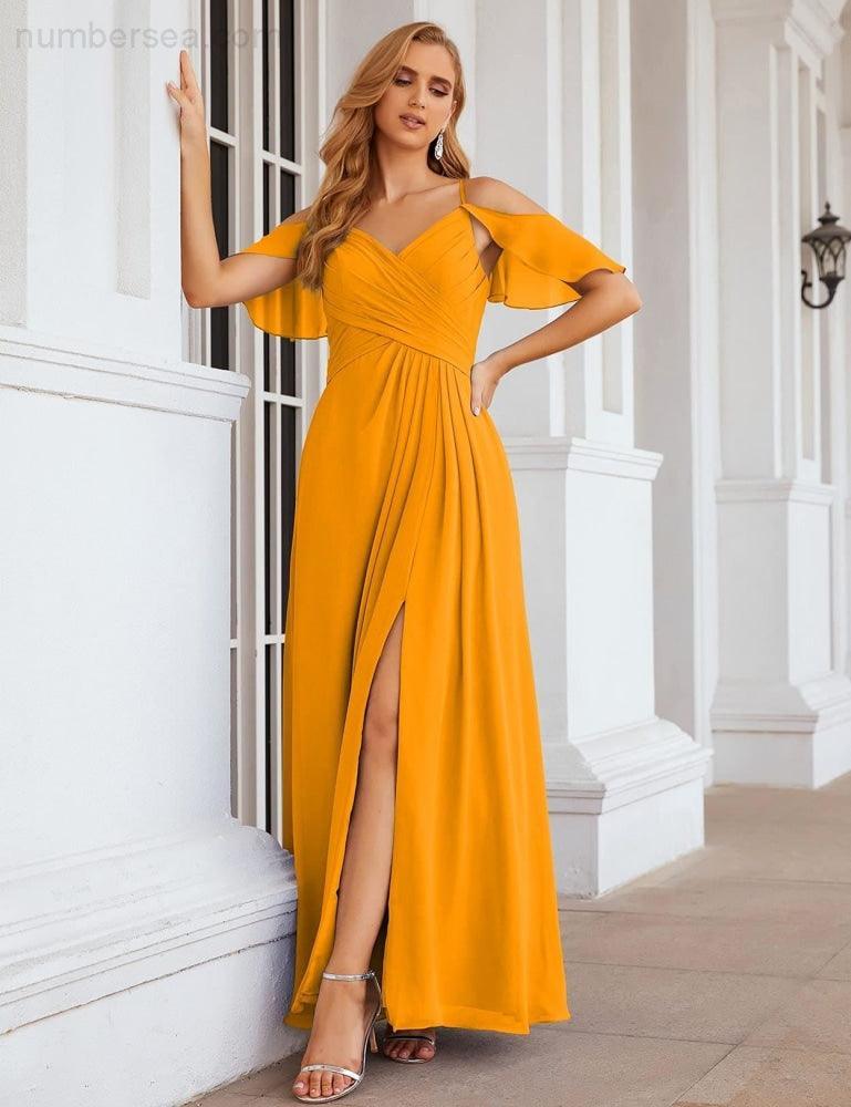 Numbersea Chiffon Cold Shoulder Long Bridesmaid Dresses Plus Size Formal Prom Gowns for Women Party Wedding  SEA28070