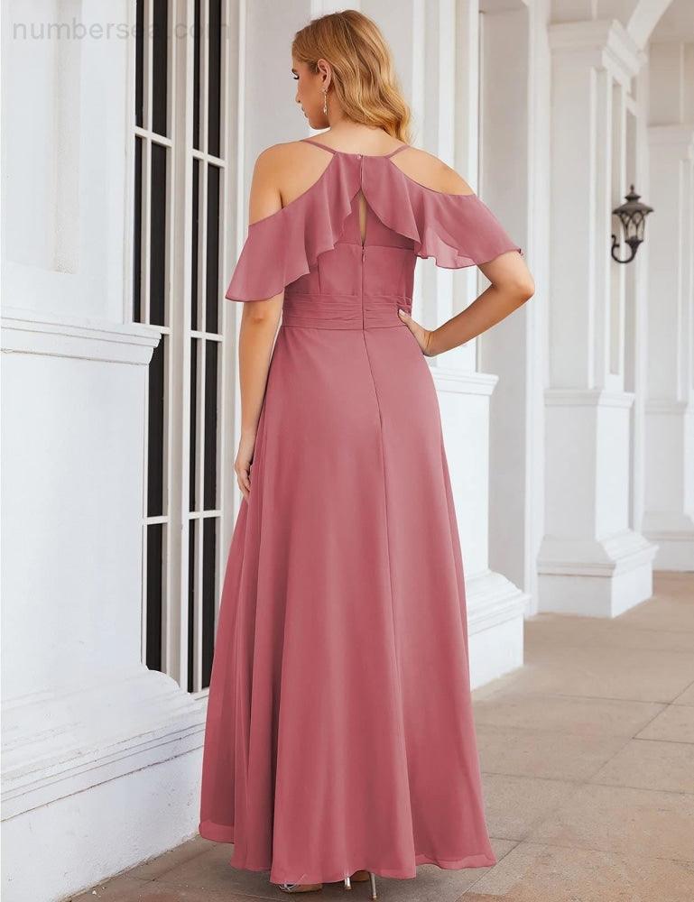 Numbersea Chiffon Cold Shoulder Long Bridesmaid Dresses Plus Size Formal Prom Gowns for Women Party Wedding  SEA28070