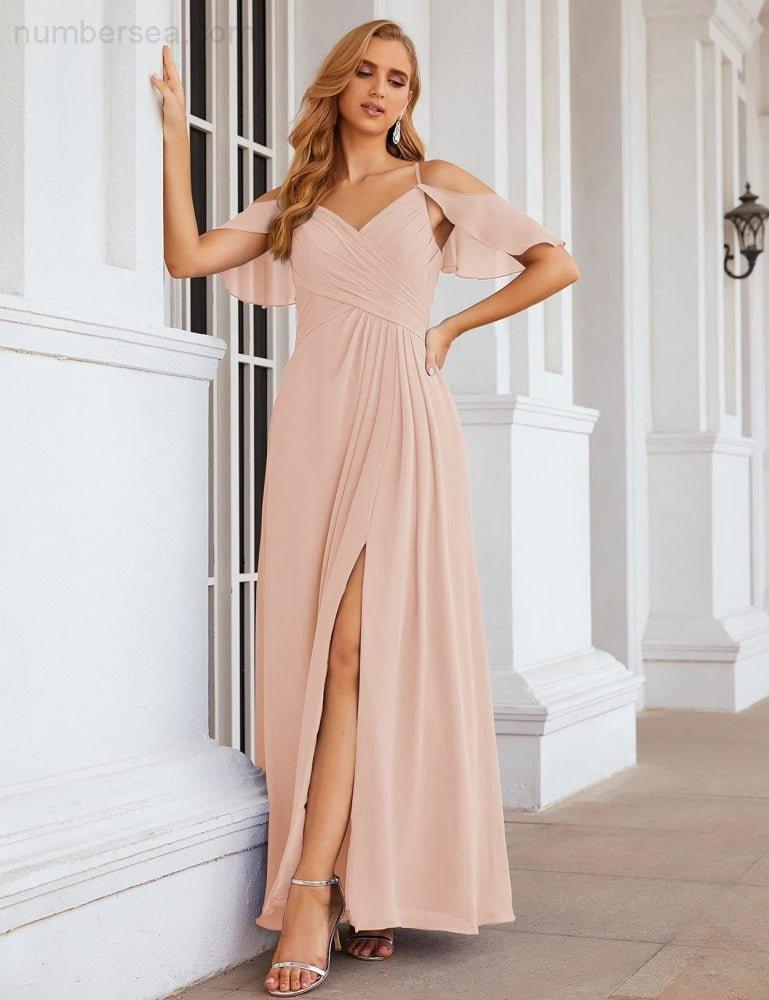 Numbersea Chiffon Cold Shoulder Long Bridesmaid Dresses Plus Size Formal Prom Gowns for Women Party Wedding  SEA28070