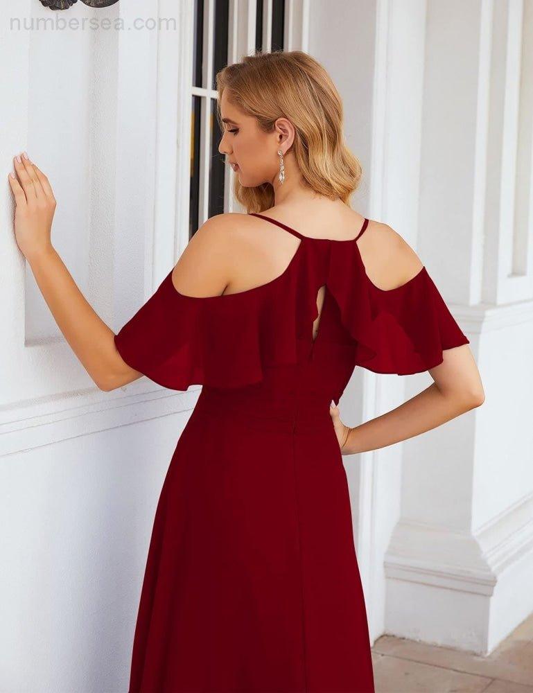 Numbersea Chiffon Cold Shoulder Long Bridesmaid Dresses Plus Size Formal Prom Gowns for Women Party Wedding  SEA28070