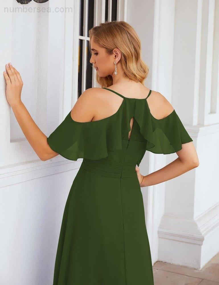 Numbersea Chiffon Cold Shoulder Long Bridesmaid Dresses Plus Size Formal Prom Gowns for Women Party Wedding  SEA28070