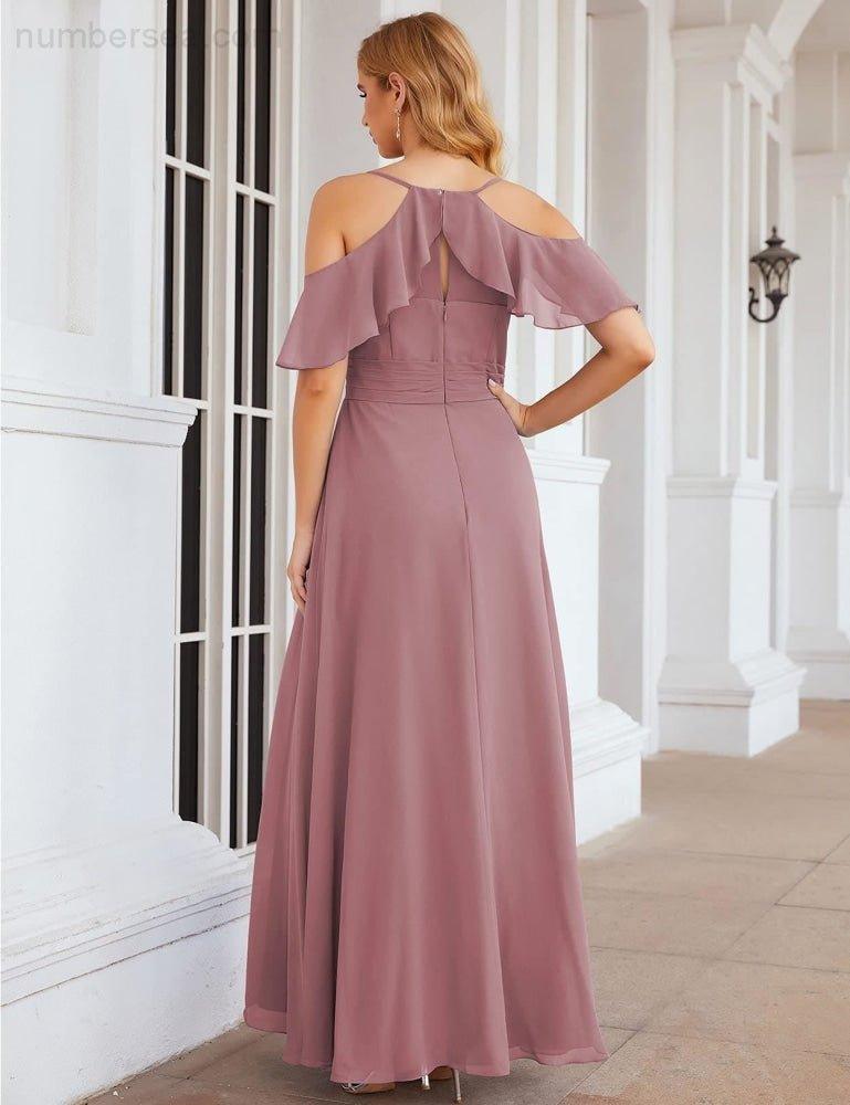 Numbersea Chiffon Cold Shoulder Long Bridesmaid Dresses Plus Size Formal Prom Gowns for Women Party Wedding  SEA28070