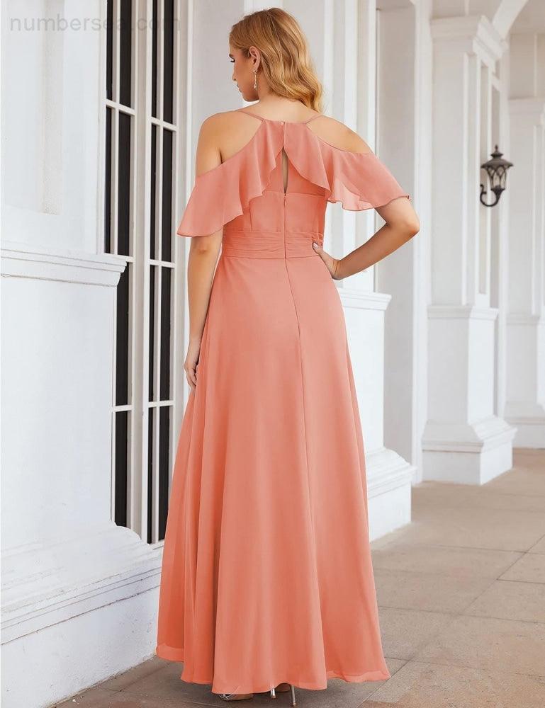 Numbersea Chiffon Cold Shoulder Long Bridesmaid Dresses Plus Size Formal Prom Gowns for Women Party Wedding  SEA28070