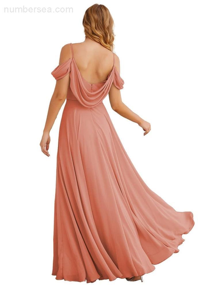 Numbersea Cold Shoulder Chiffon Bridesmaid Dresses Long Maxi Formal Prom Gowns for Women Party  SEA28059