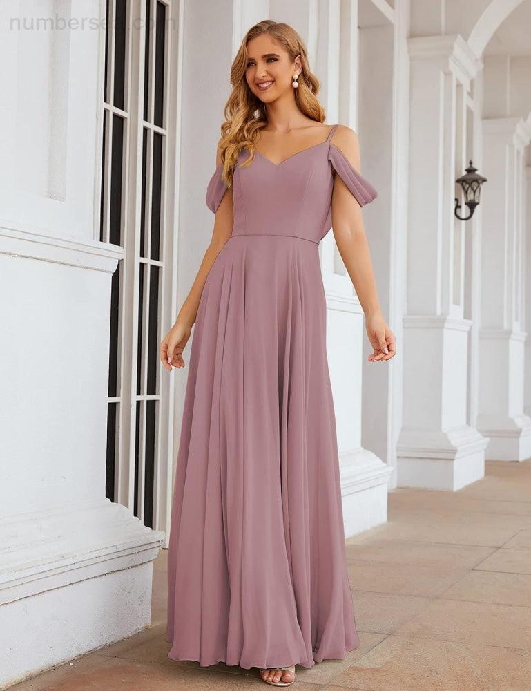Numbersea Cold Shoulder Chiffon Bridesmaid Dresses Long Maxi Formal Prom Gowns for Women Party  SEA28059