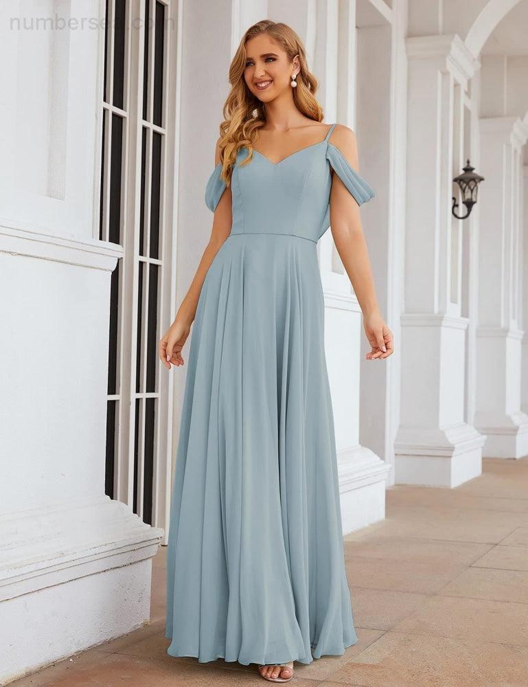 Numbersea Cold Shoulder Chiffon Bridesmaid Dresses Long Maxi Formal Prom Gowns for Women Party  SEA28059