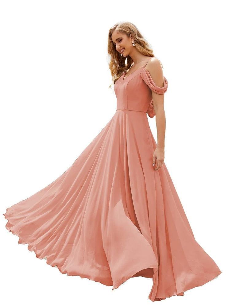Numbersea Cold Shoulder Chiffon Bridesmaid Dresses Long Maxi Formal Prom Gowns for Women Party  SEA28059