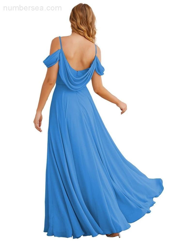 Numbersea Cold Shoulder Chiffon Bridesmaid Dresses Long Maxi Formal Prom Gowns for Women Party  SEA28059