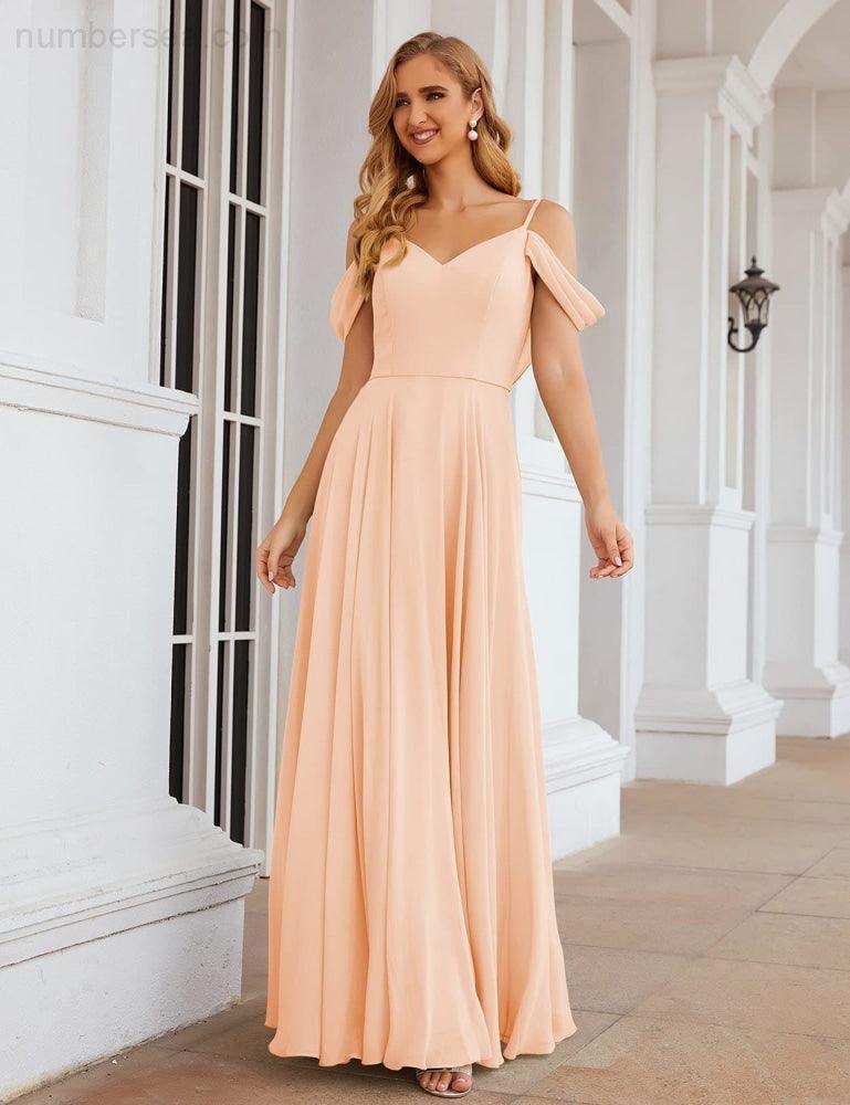 Numbersea Cold Shoulder Chiffon Bridesmaid Dresses Long Maxi Formal Prom Gowns for Women Party  SEA28059
