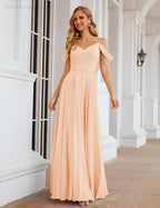 Numbersea Cold Shoulder Chiffon Bridesmaid Dresses Long Maxi Formal Prom Gowns for Women Party  SEA28059