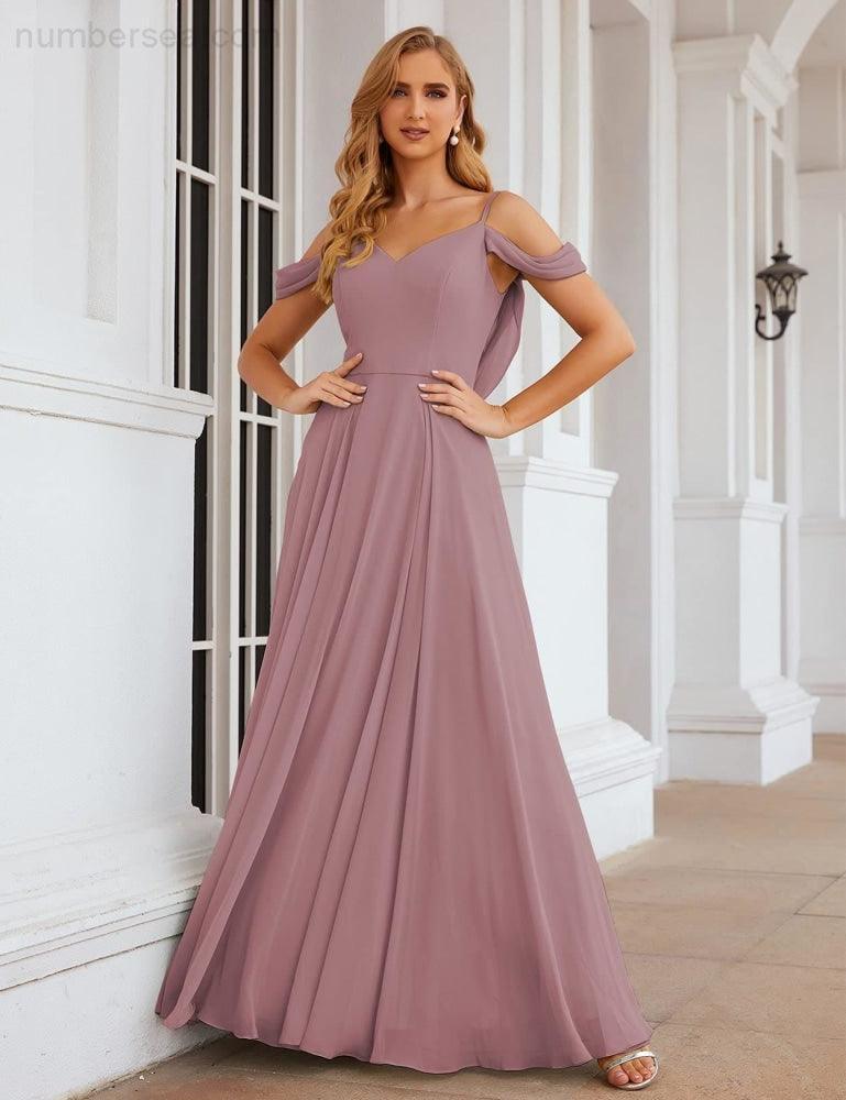 Numbersea Cold Shoulder Chiffon Bridesmaid Dresses Long Maxi Formal Prom Gowns for Women Party  SEA28059