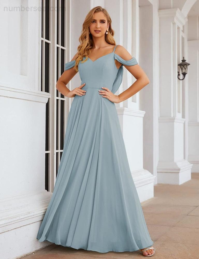 Numbersea Cold Shoulder Chiffon Bridesmaid Dresses Long Maxi Formal Prom Gowns for Women Party  SEA28059